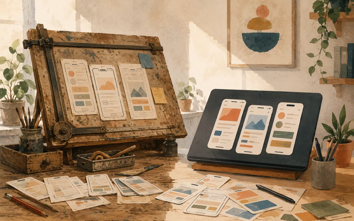 An old and new set of design tools on a drafting table with phone-shaped paper cutouts