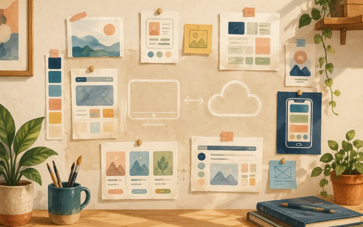 Chalk outline of a computer next to a cloud shape surrounded by sketches