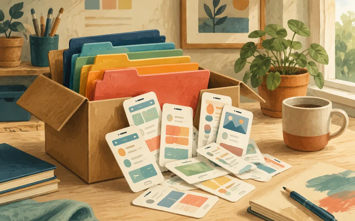 A moving box spilling colored folders and phone-screen cutouts