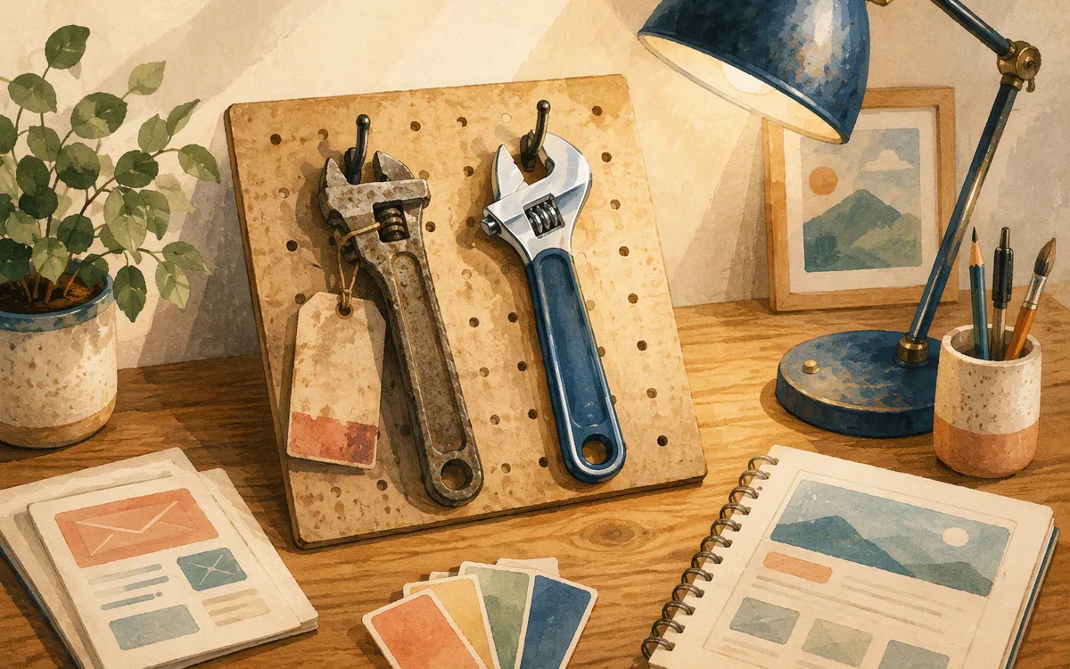 A dusty retired tool on a pegboard beside a newer tool lit by a desk lamp