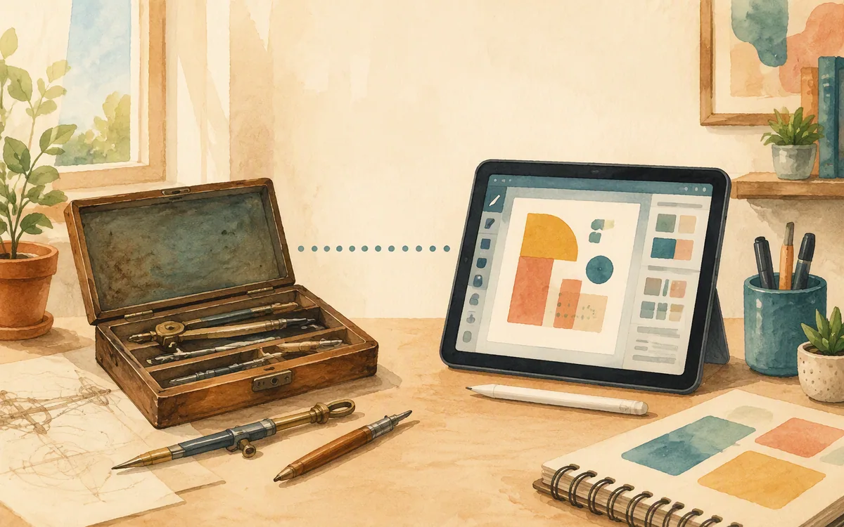 Old and new drafting tools connected by a dotted line