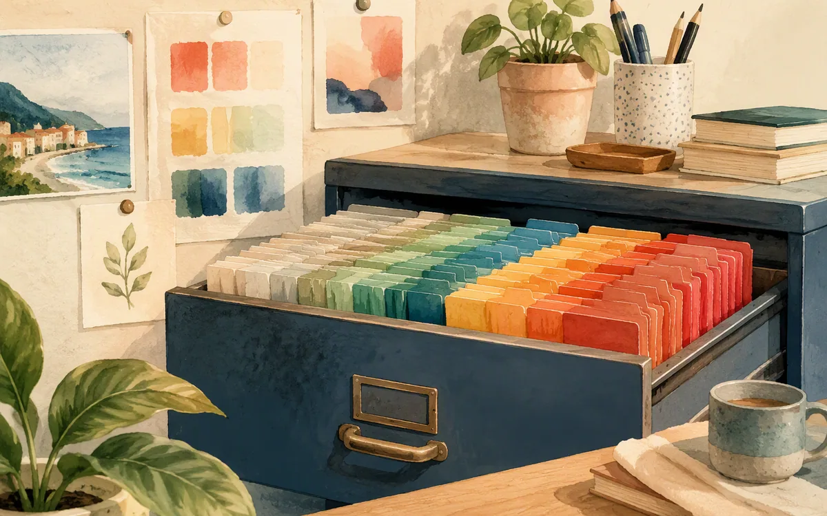 Filing cabinet drawer with fading to bright colored folders