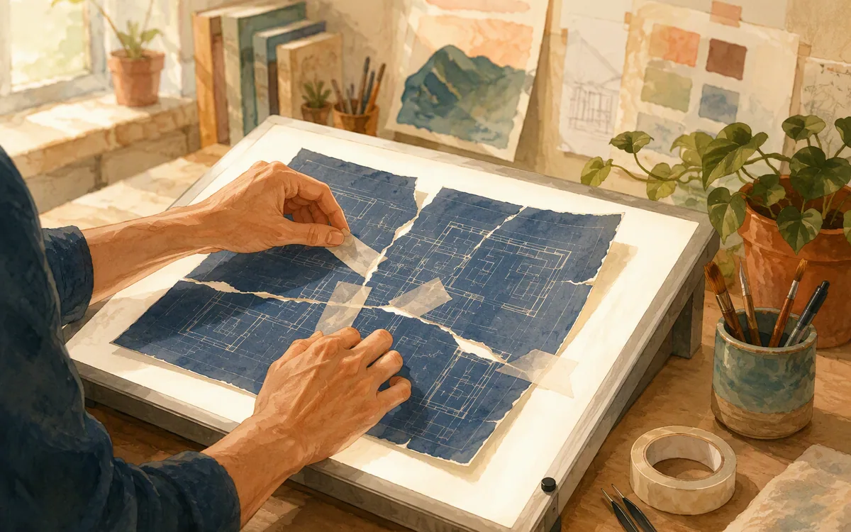 Torn blueprint taped together on a lightbox