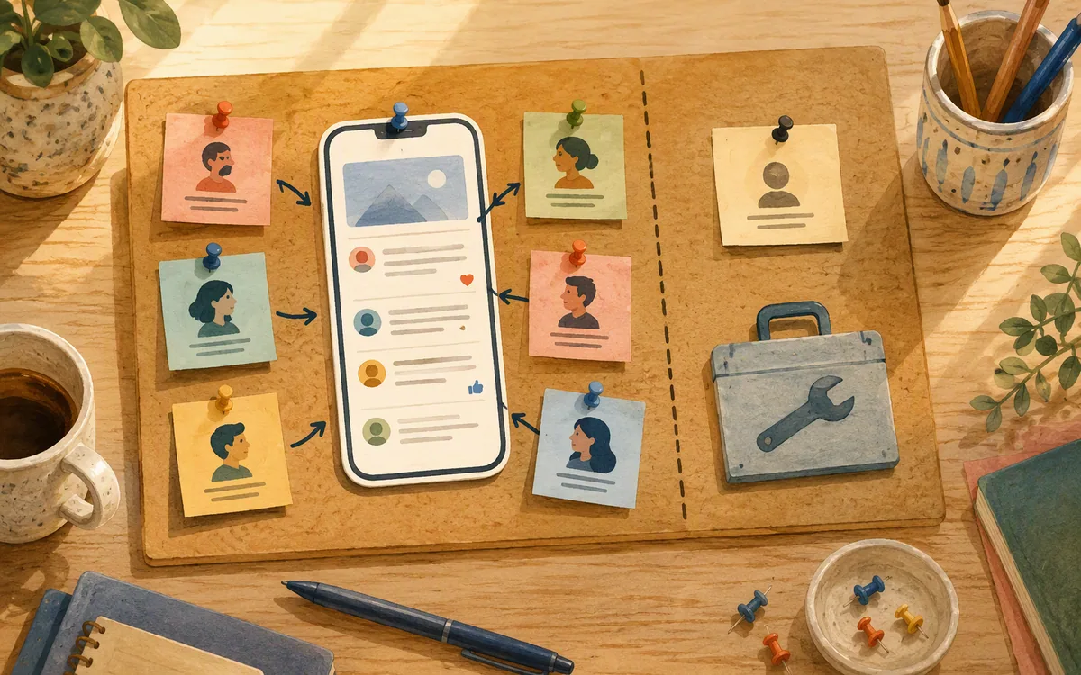 A pinboard with clustered sticky notes around a phone cutout beside a single isolated note