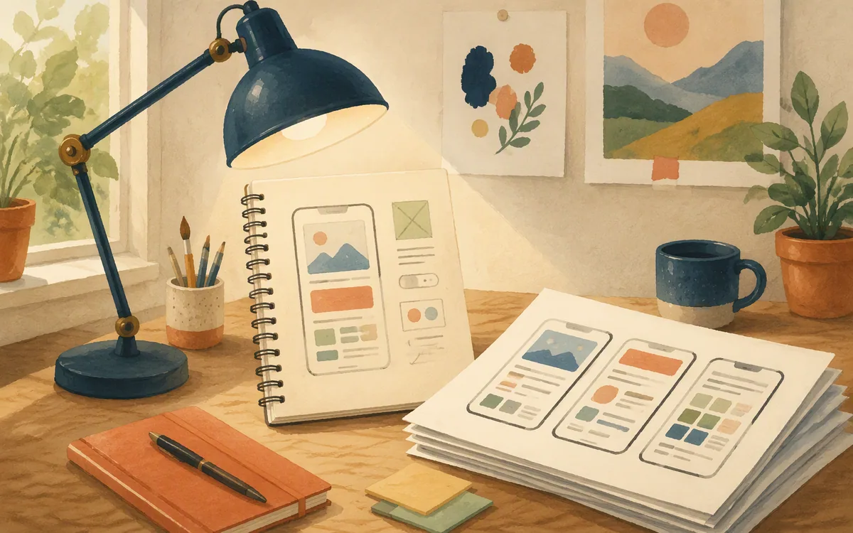 A hand-drawn app sketch beside a neat stack of finished screen printouts