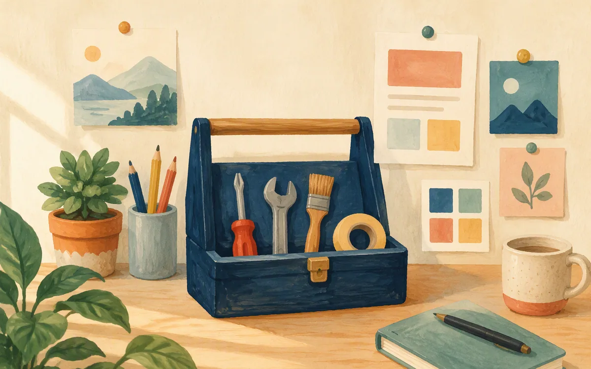 An open toolbox with a handful of simple tools on a desk