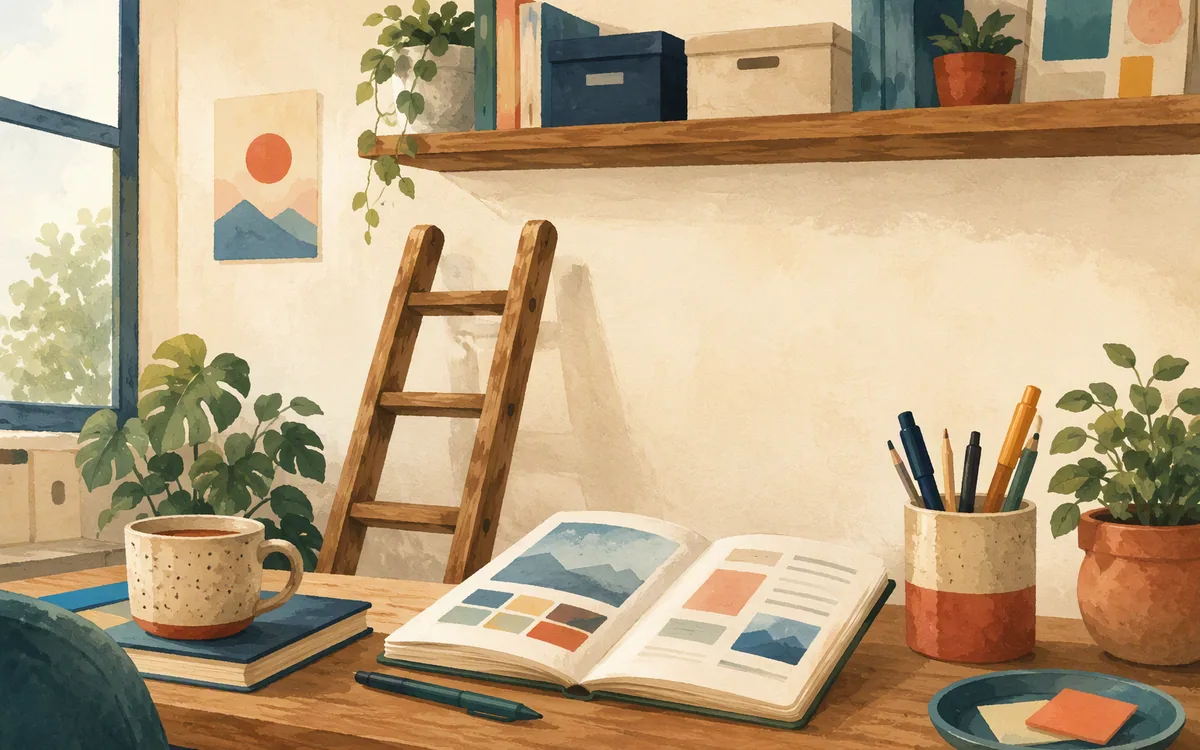 A short ladder leaning against a tall shelf it cannot fully reach