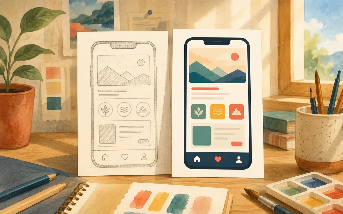 Sketchy wireframe beside a finished mobile screen mockup on a desk