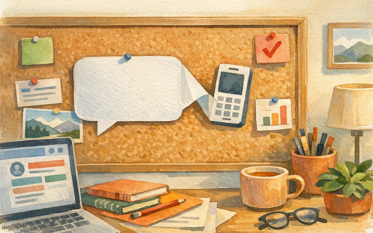 Paper speech bubble turning into a phone shape on a pinboard