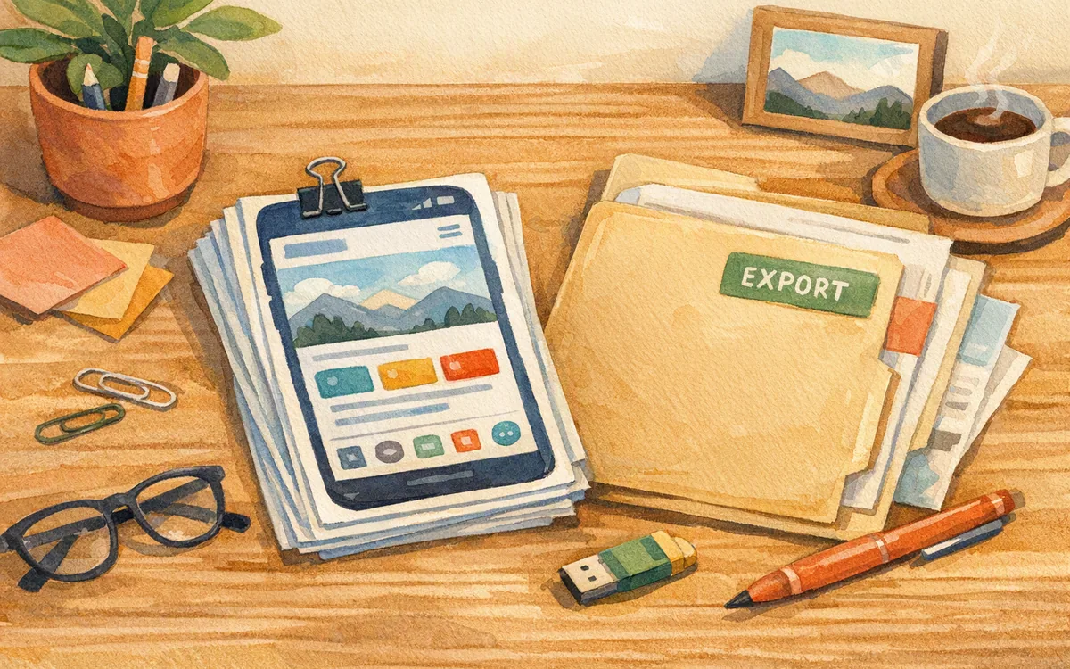 A bundle of printed phone screens clipped together beside a labeled folder