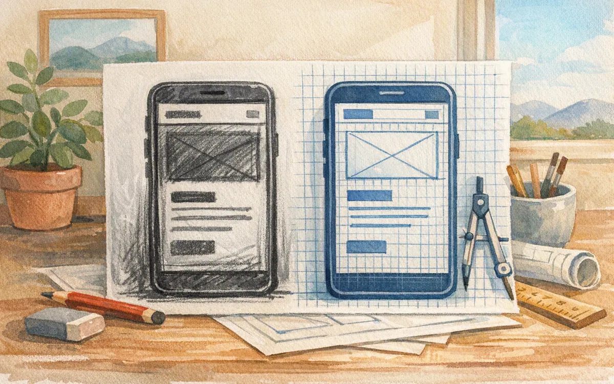 A charcoal sketch and a precise blueprint of the same phone screen layout