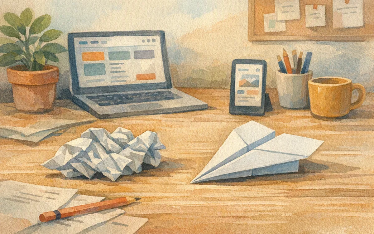 A crumpled paper airplane beside a crisp precisely folded one