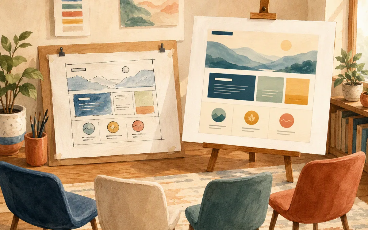 A rough sketch and a polished mounted print on an easel with empty chairs facing them