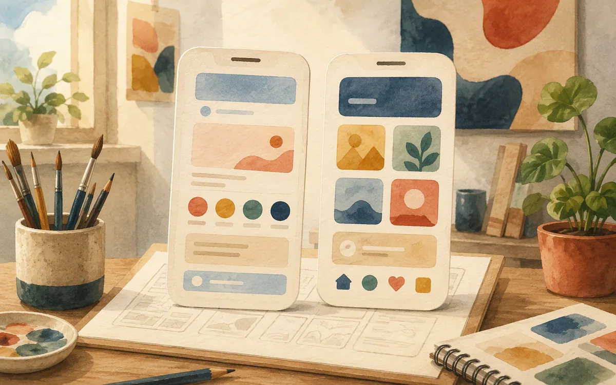 Two phone stencils with different icon styles on a drafting table