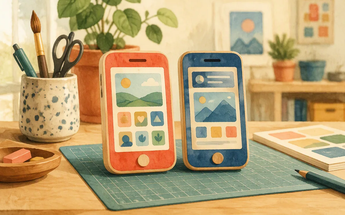 Two toy phone models on a cutting mat