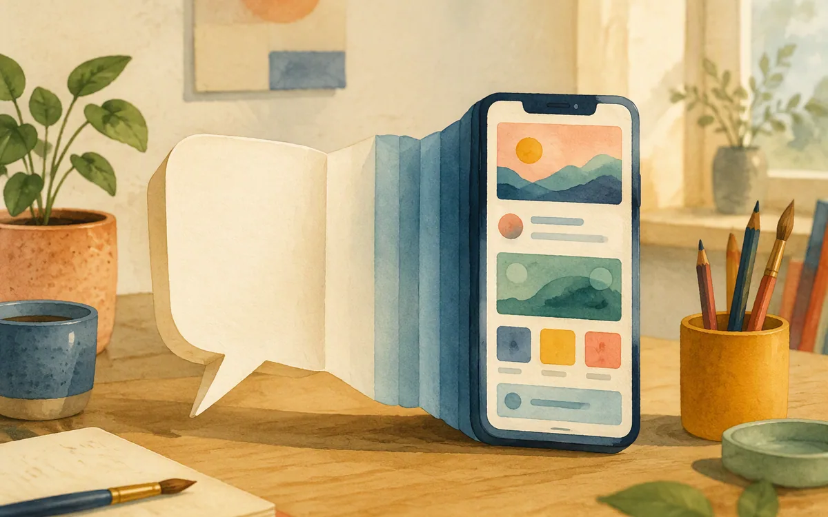 Folded paper speech bubble unfolding into a phone screen shape