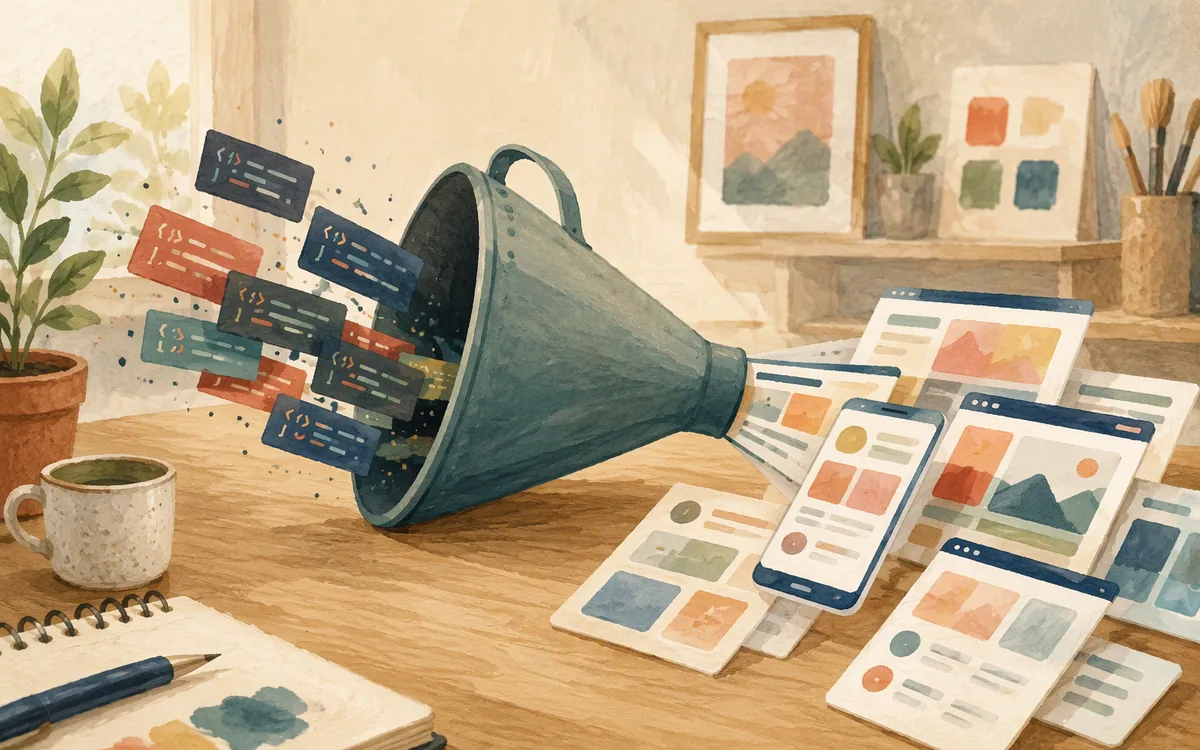 A funnel separating code snippets from screen cutouts