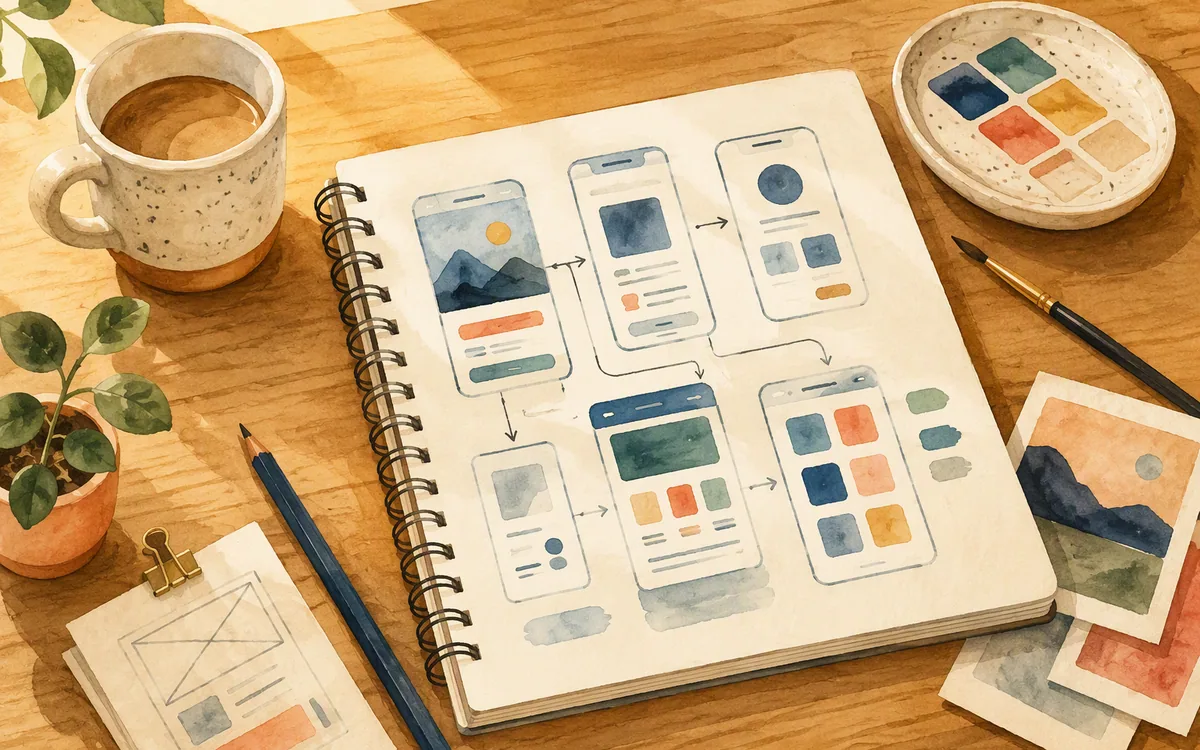 A speech bubble on a desk with several crossed-out drafts crumpled beside a final clean screen sketch