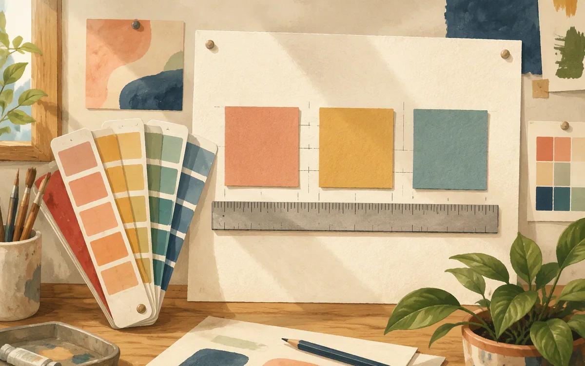 Paint swatch fan and ruler measuring cutout squares