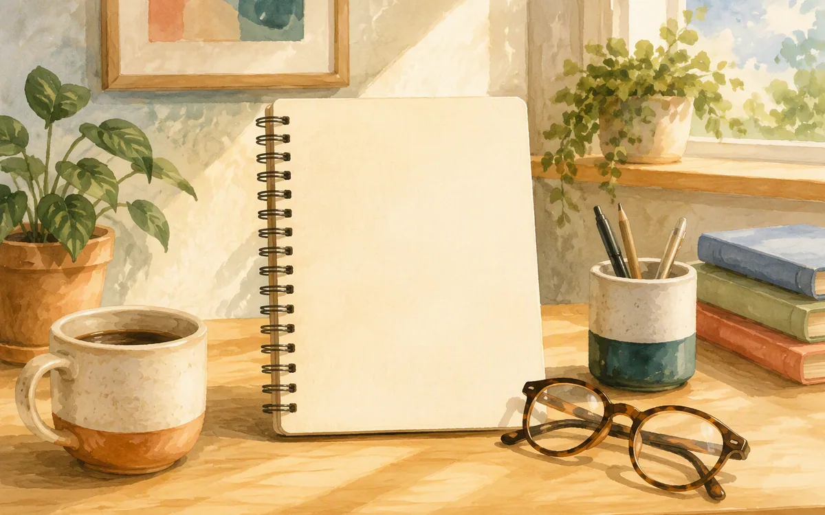 Notebook, glasses and coffee cup on a desk