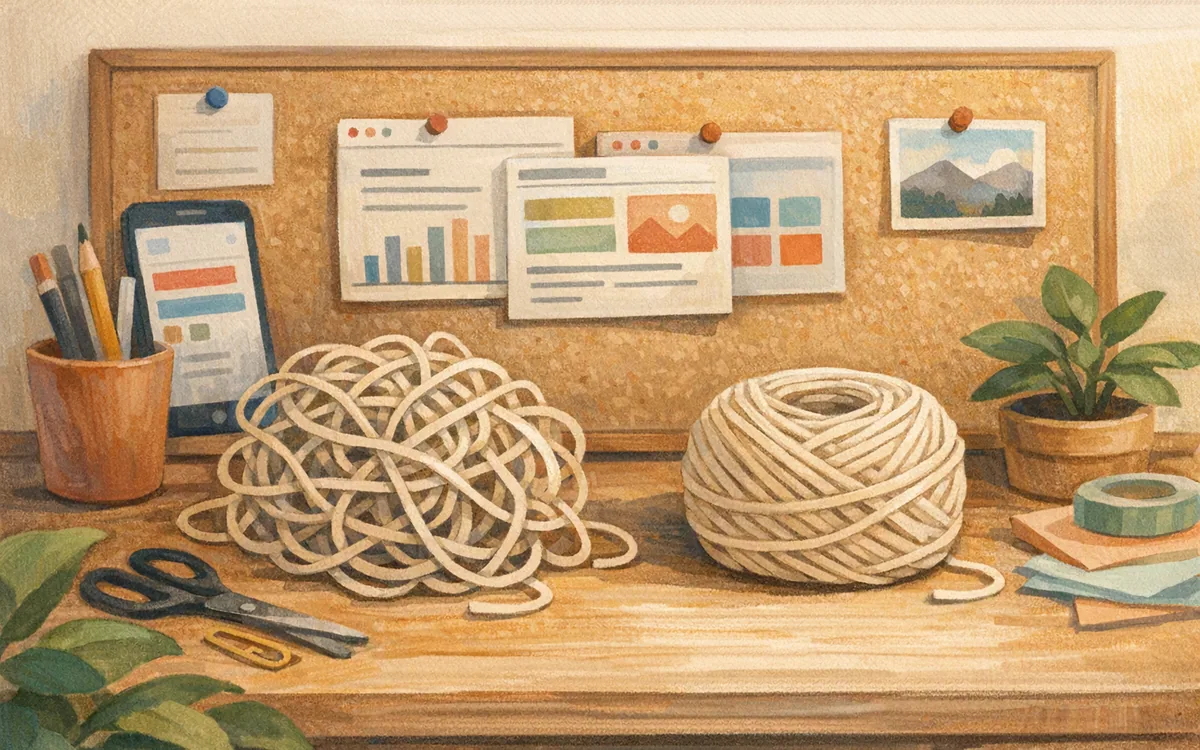 Tangled and neat string coils side by side