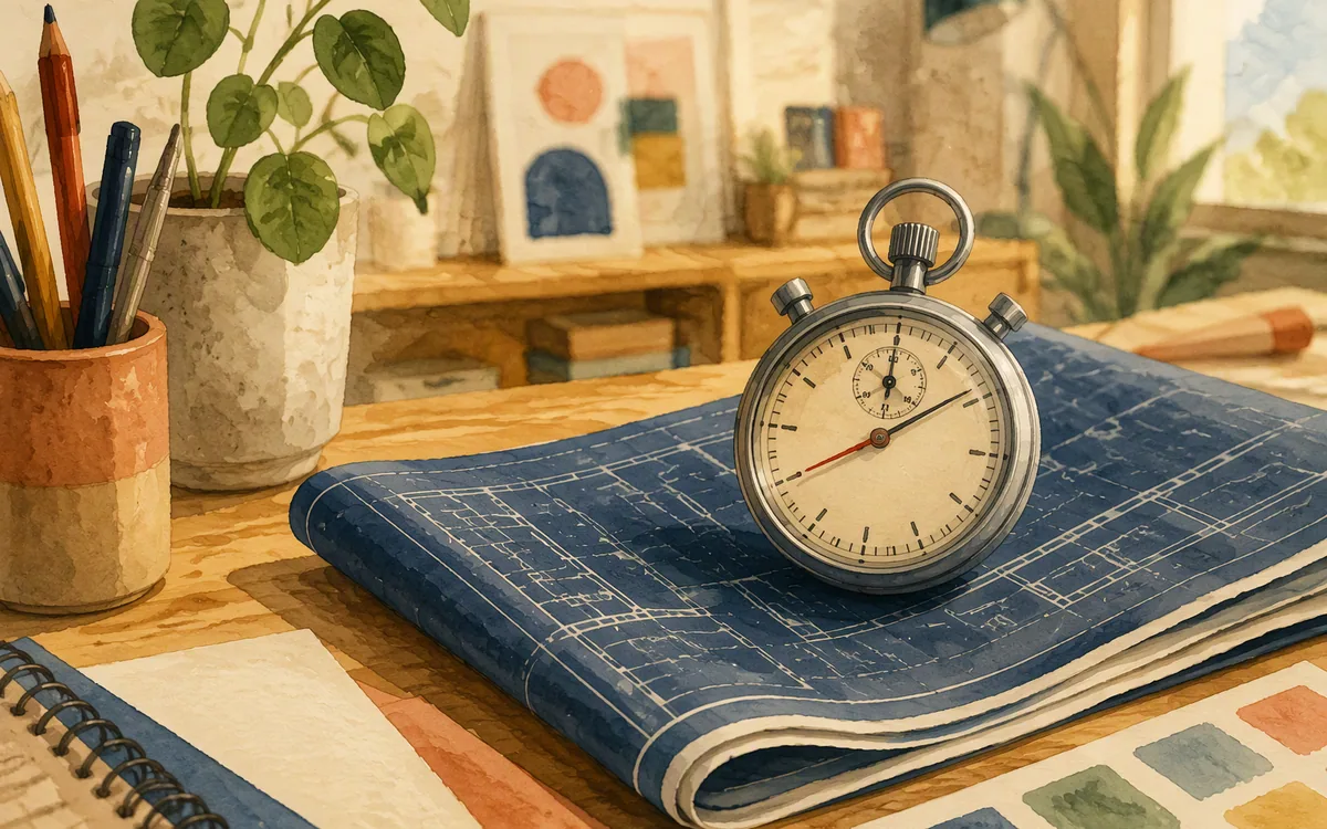 Stopwatch on a folded blueprint sheet