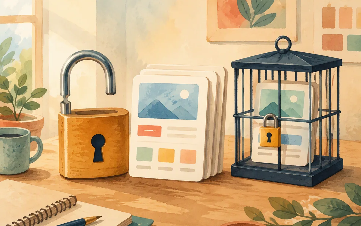 Illustration of a padlock beside a stack of screen cards, one caged