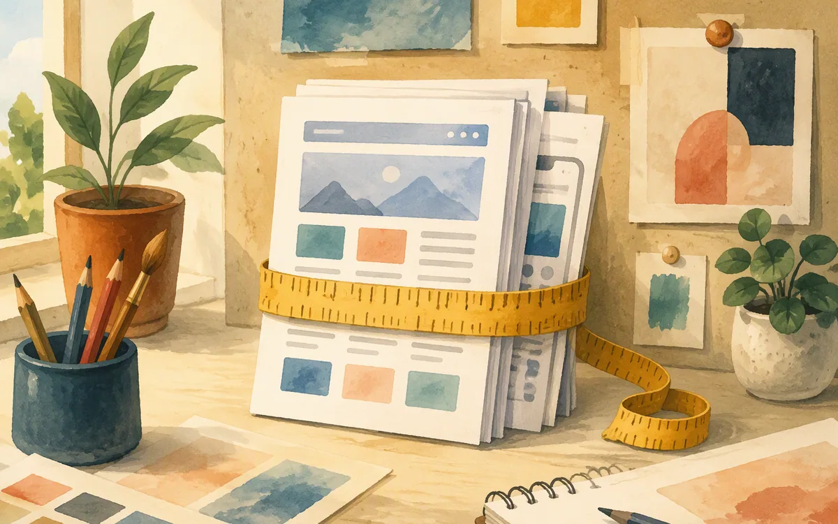Measuring tape around a stack of paper mockups