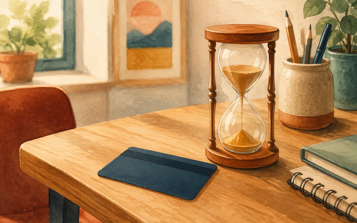 Credit card and hourglass on a desk
