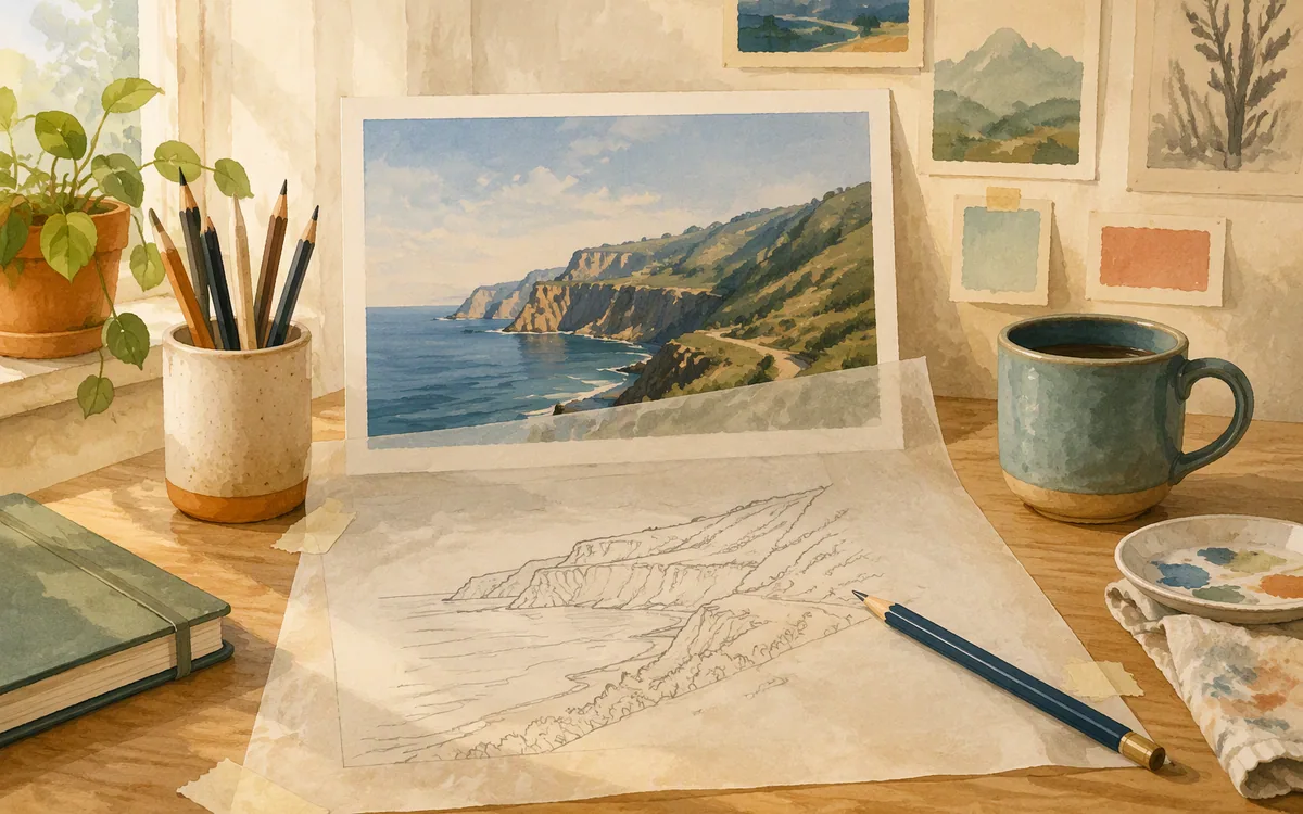 Tracing paper over a photograph with pencil lines