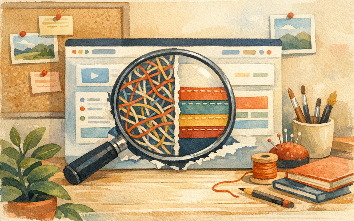 Magnifying glass showing tangled versus neat layers beneath a screen
