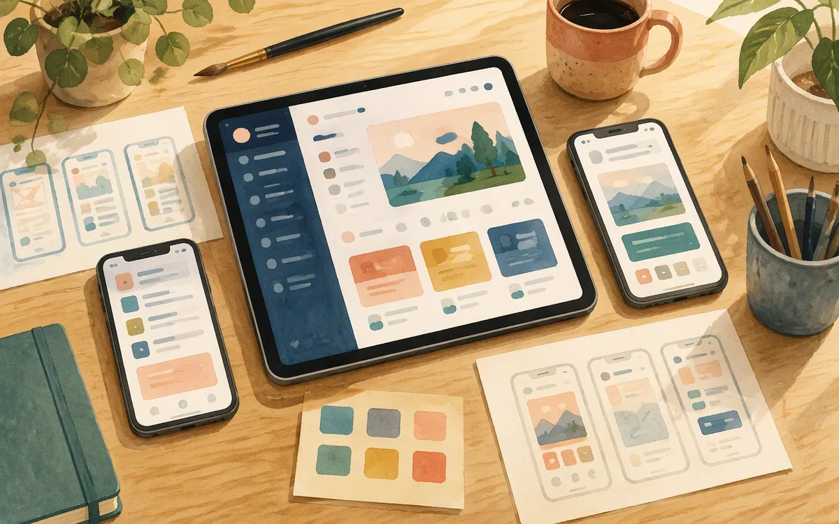 A row of phone-shaped cutouts on a desk connected by a single thread running through each