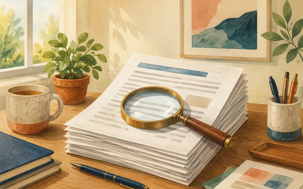 Magnifying glass on a stack of papers