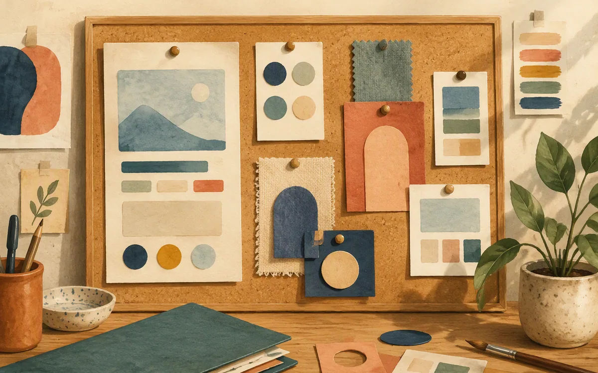 Swatches and paper cutouts pinned to a corkboard