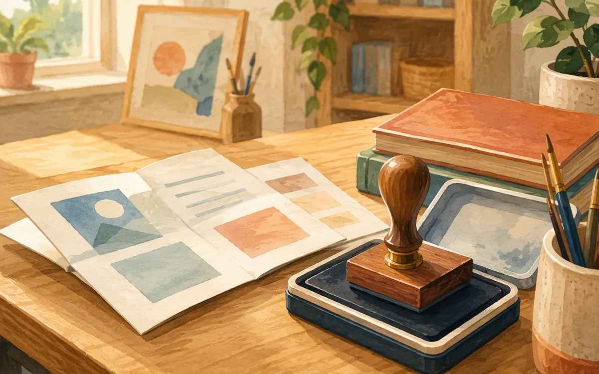 Stamp and ink pad next to a folded paper template