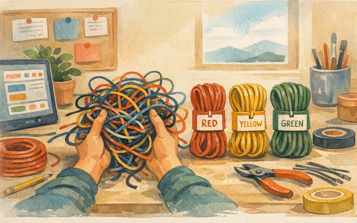 Tangled wires being sorted into neat bundles