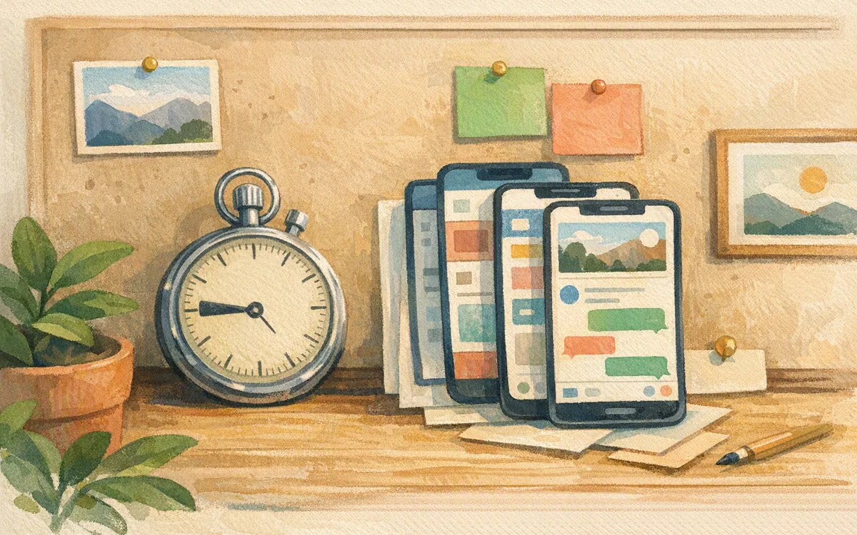 Stopwatch beside a stack of paper phone screens