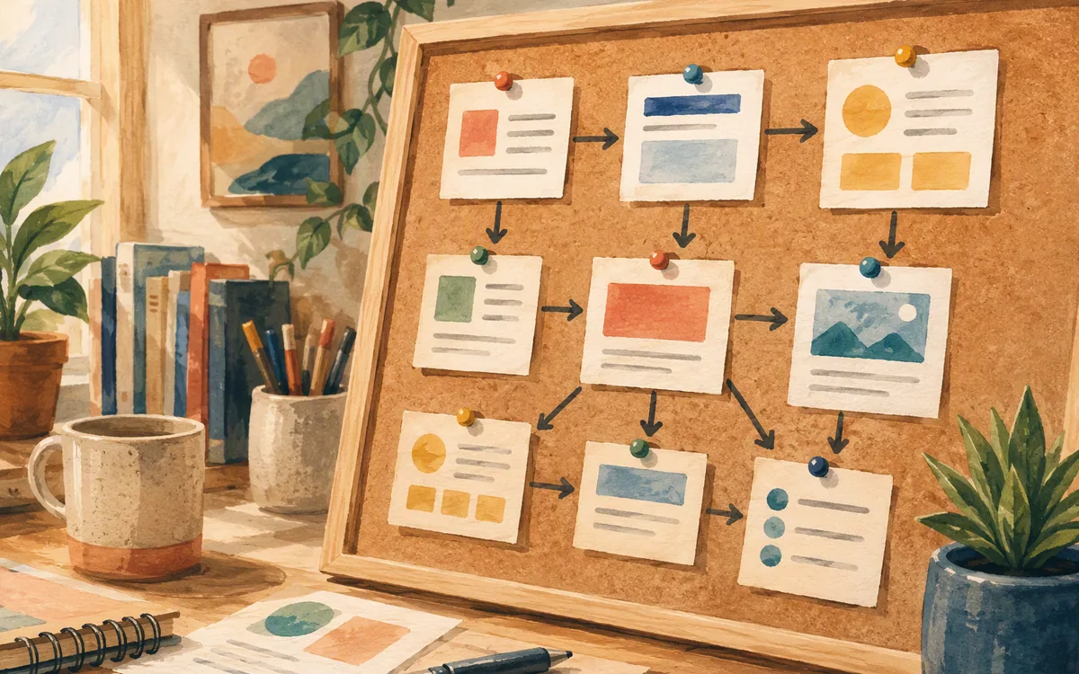 Paper cards connected by arrows on a corkboard