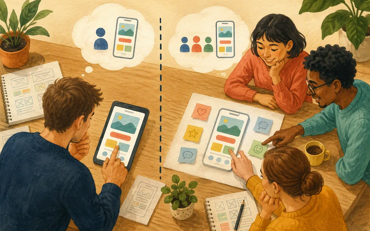 A phone-shaped cutout on a desk with several small figures pointing at it from different angles
