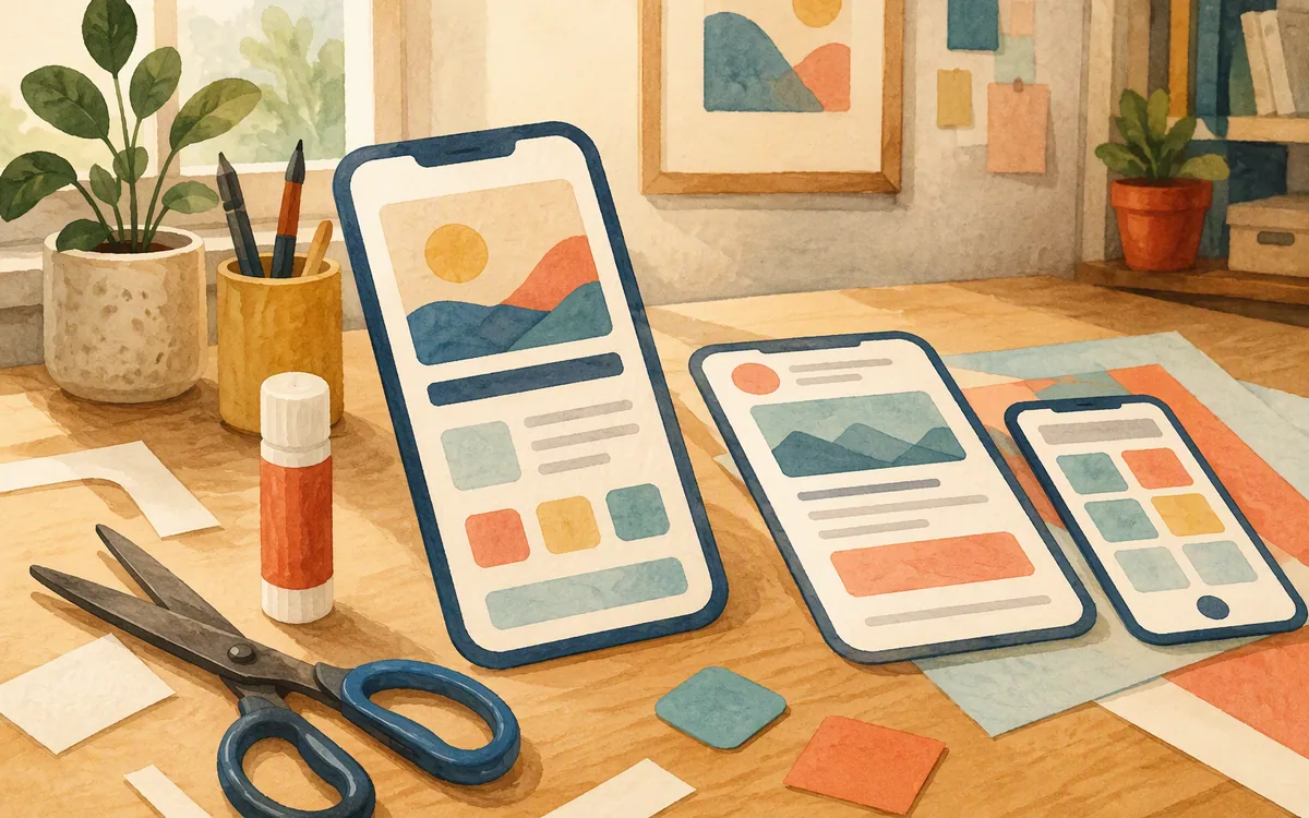 Scissors and glue stick with cut-out screen shapes