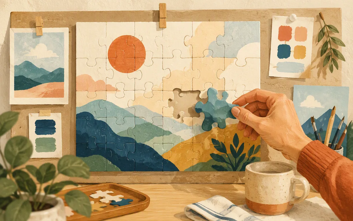 Half-assembled puzzle with a hand-cut replacement piece