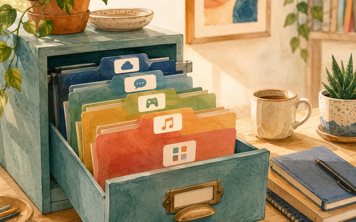 Open filing cabinet drawer with folders for app categories