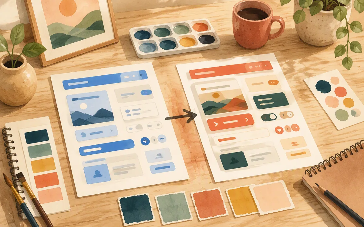 A paint palette on a desk beside a printed UI kit sheet partly recolored