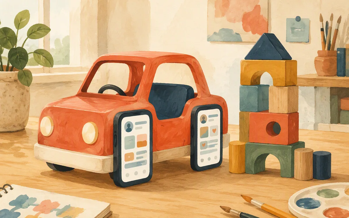 Toy car with phone-screen wheels beside a block tower