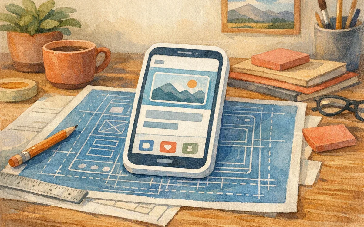 Phone-shaped paper cutout resting on a blueprint sheet
