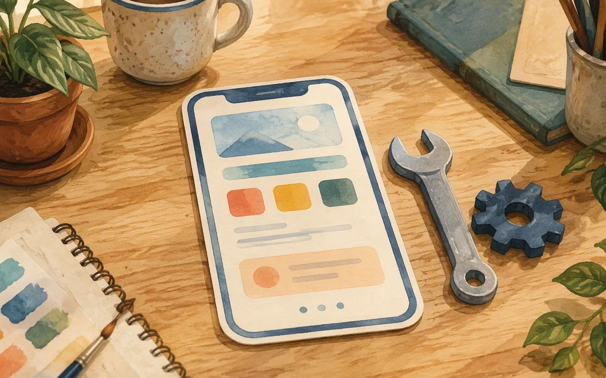 A gear and wrench beside a phone-shaped paper cutout on a desk