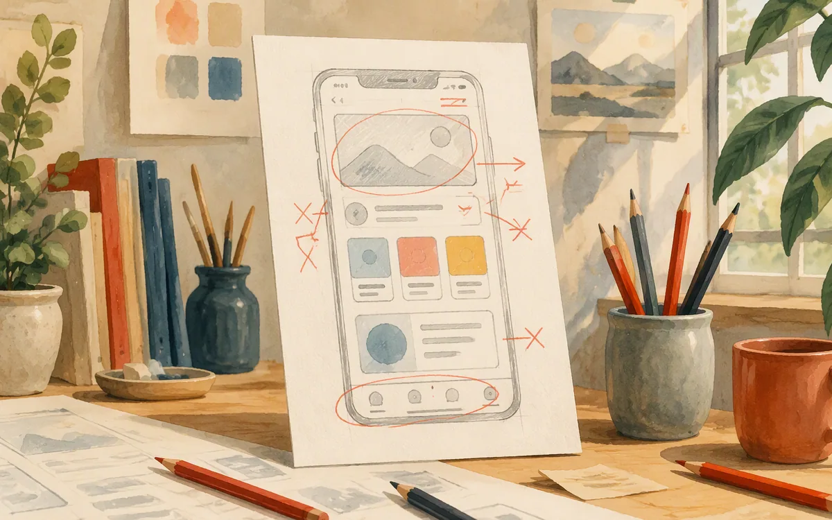 A rough phone screen sketch with red pencil corrections