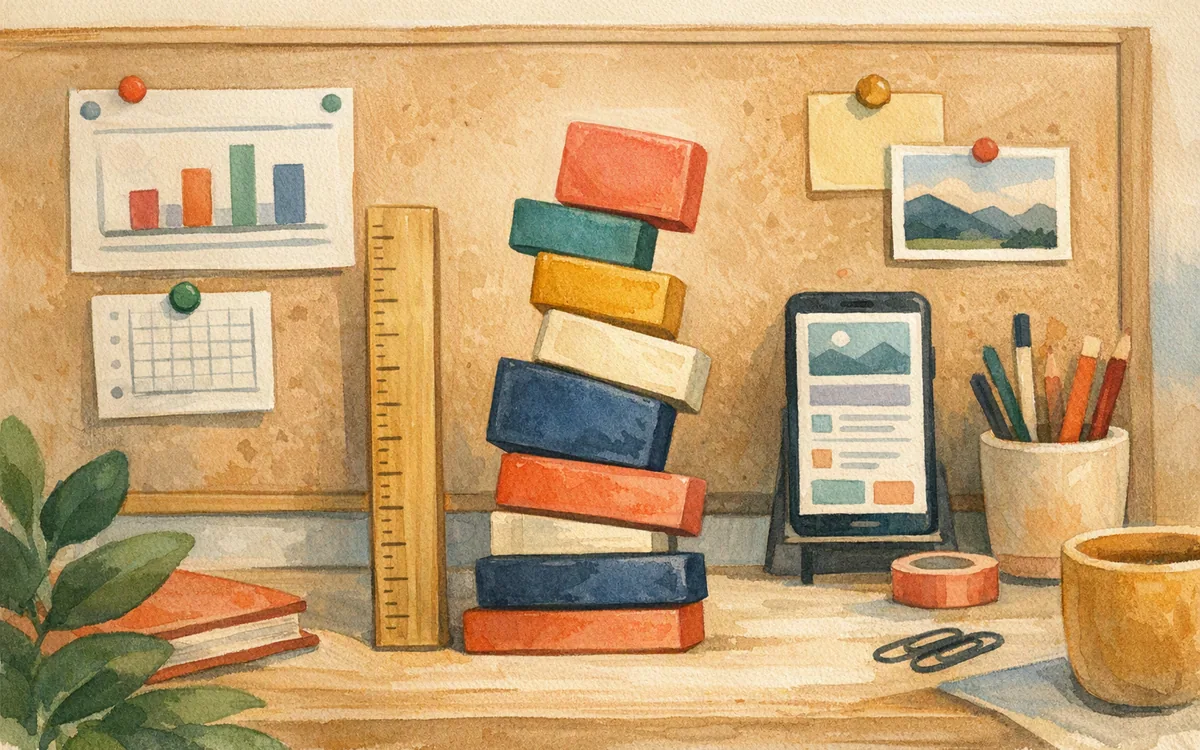 A ruler beside a crooked stack of blocks