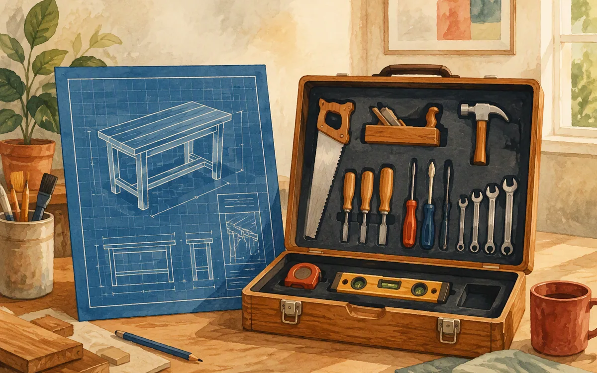Blueprint beside an organized toolbox