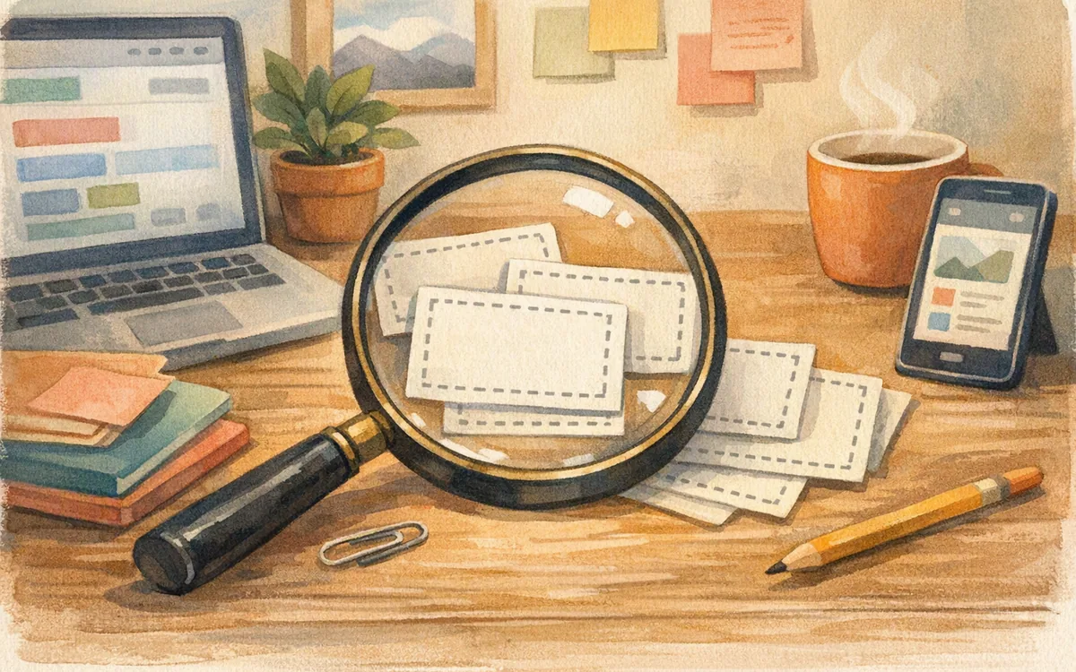 Magnifying glass over blank index cards